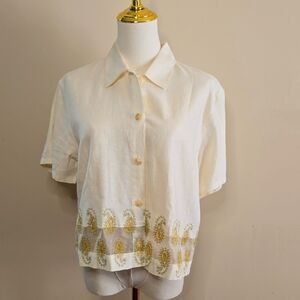Vintage Outfit JPR Cream Linen Blend Embroidered Paisley Button Down Top M Boho